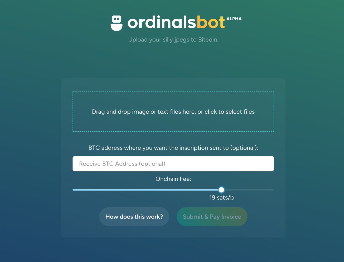 Today we launched OrdinalsBot 🚀

A great way for you to get going with Ordinals and inscribe files without the need to set up a full Bitcoin node.

Visit here and give it a go: ordinalsbot.com