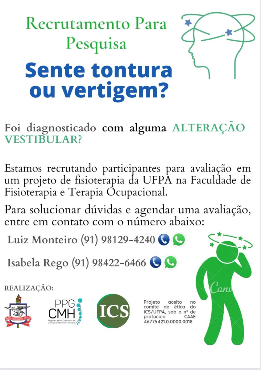 luizryodan's tweet photo. Estamos realizando avaliacao em pessoas, maiores de idade, que sentem #Tontura e #Vertigem
As avaliações ocorrem na Faculdade de Fisioterapia e Terapia Ocupacional (FFTO) na UFPA. Para agendar avaliação e tirar dúvidas pode entrar em contato comigo:(91) 98129-4240 (Luiz Monteiro) https://t.co/QQPOwQSZF7