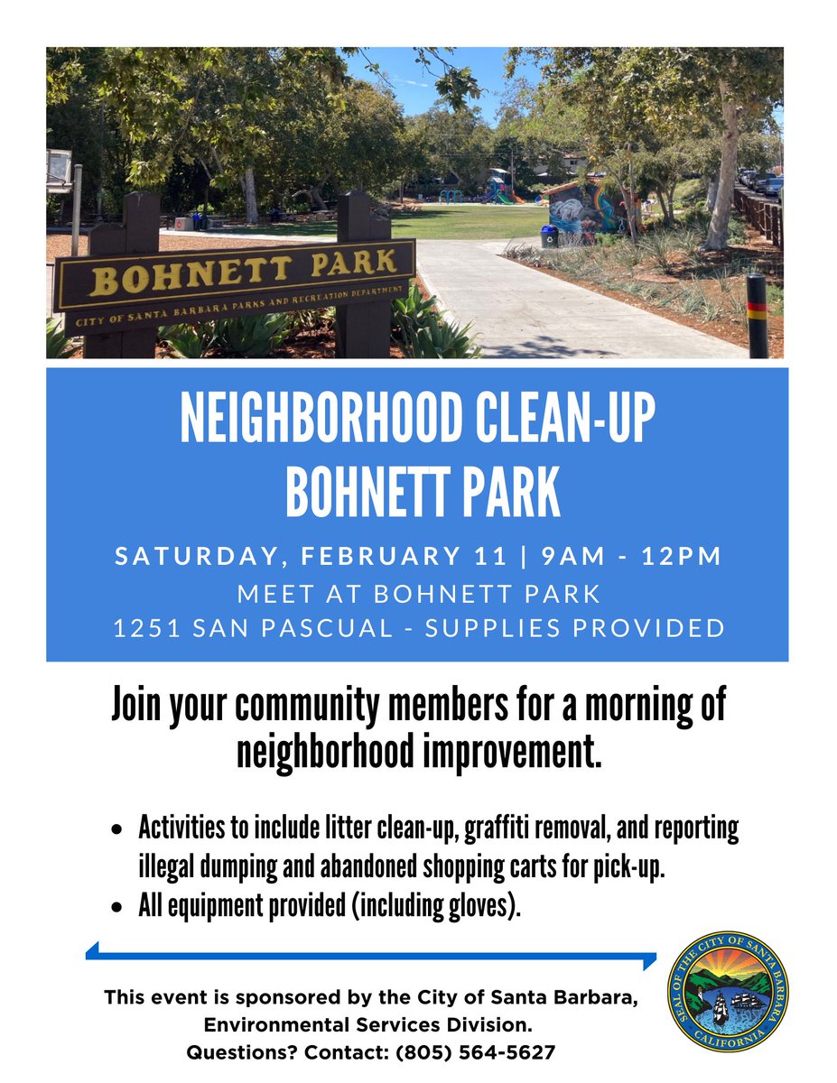 SustainablySB's tweet photo. Bohnett Park Neighborhood Clean-Up Event Sat. 02/11 9am-12pm. Volunteer to help keep our community extra clean, beautiful, and resilient! Meet at Bohnett Park, 1251 San Pascual. All materials will be provided. @SBCity #SantaBarbara #CleanSB https://t.co/Ri77gkfUn6