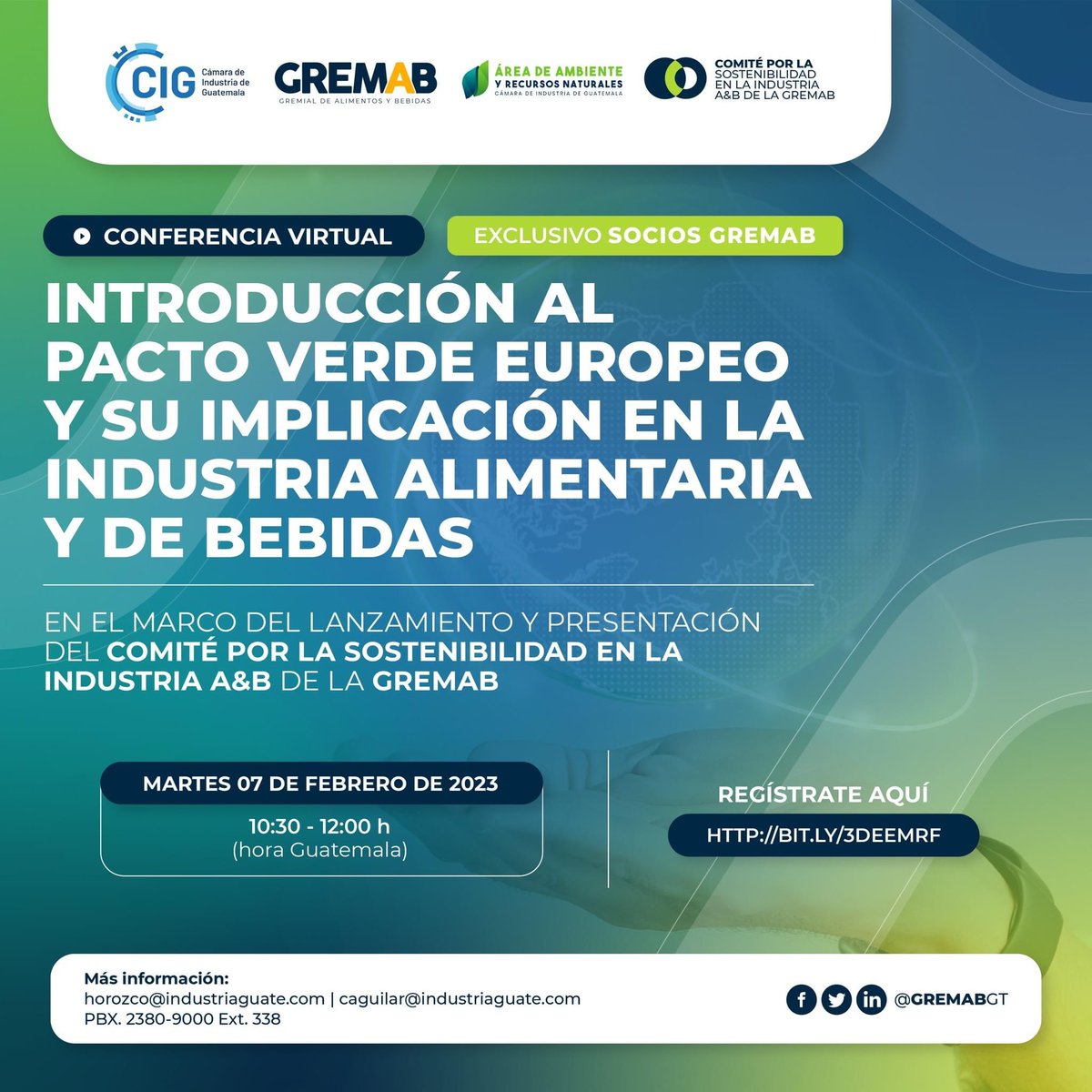 Gremabgt's tweet photo. #Mañana 🗣 | Los invitamos a la conferencia virtual: "Introducción al Pacto Verde Europeo y su Implicación en la Industria Alimentaria y de Bebidas", en el marco del lanzamiento del Comité por la Sostenibilidad en la Industria A&amp;B de la #GREMAB.

#SomosGREMAB #PactoVerde https://t.co/bgGMvHI2zU
