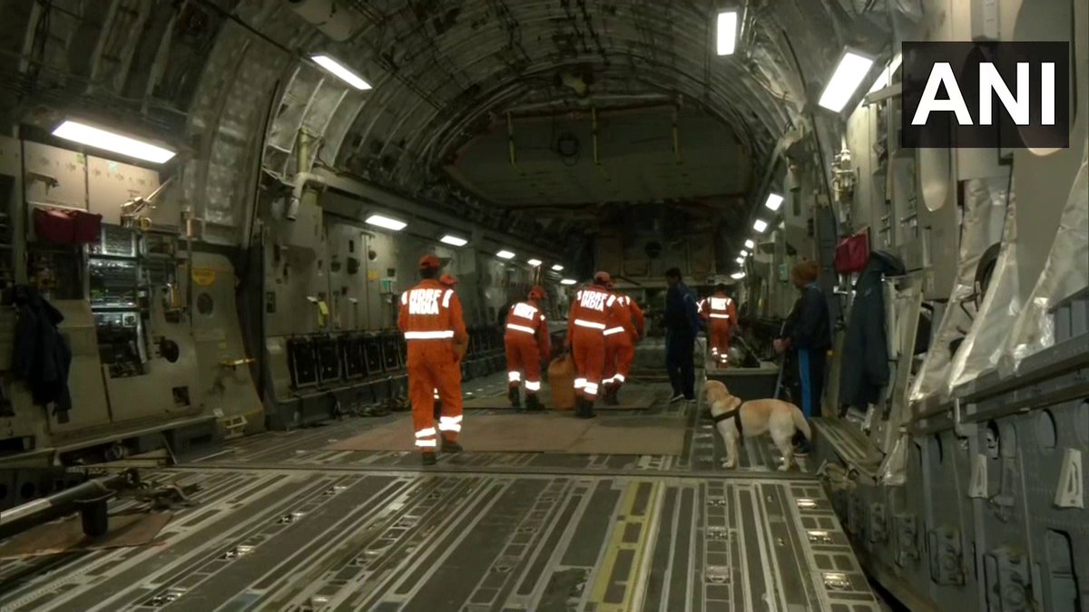 ANI's tweet photo. Team of NDRF personnel with a specially trained dog squad along with necessary equipment departs for Turkey, for search &amp; rescue operations.

#Turkey was hit by three consecutive devastating earthquakes of magnitude 7.8, 7.6 &amp; 6.0 yesterday, killing more than 3,400 people. https://t.co/xGfS6AGBOp