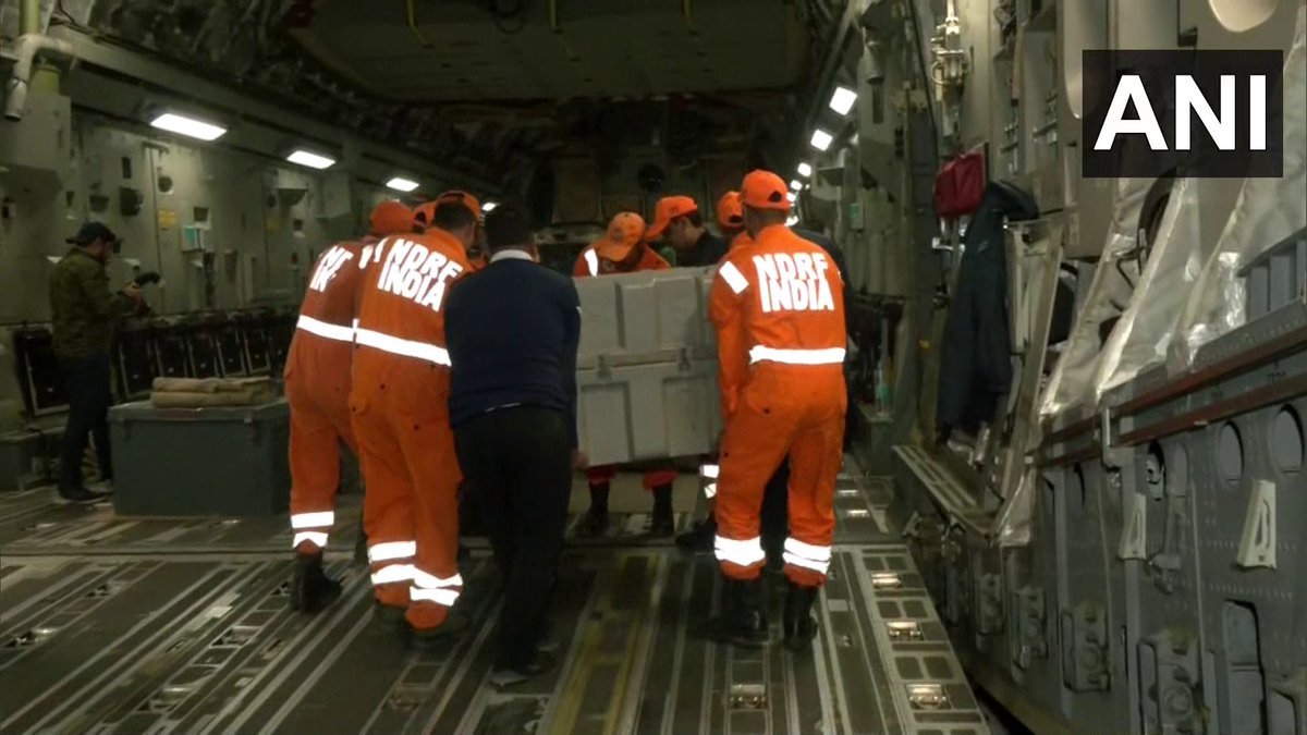 ANI's tweet photo. Team of NDRF personnel with a specially trained dog squad along with necessary equipment departs for Turkey, for search &amp; rescue operations.

#Turkey was hit by three consecutive devastating earthquakes of magnitude 7.8, 7.6 &amp; 6.0 yesterday, killing more than 3,400 people. https://t.co/xGfS6AGBOp