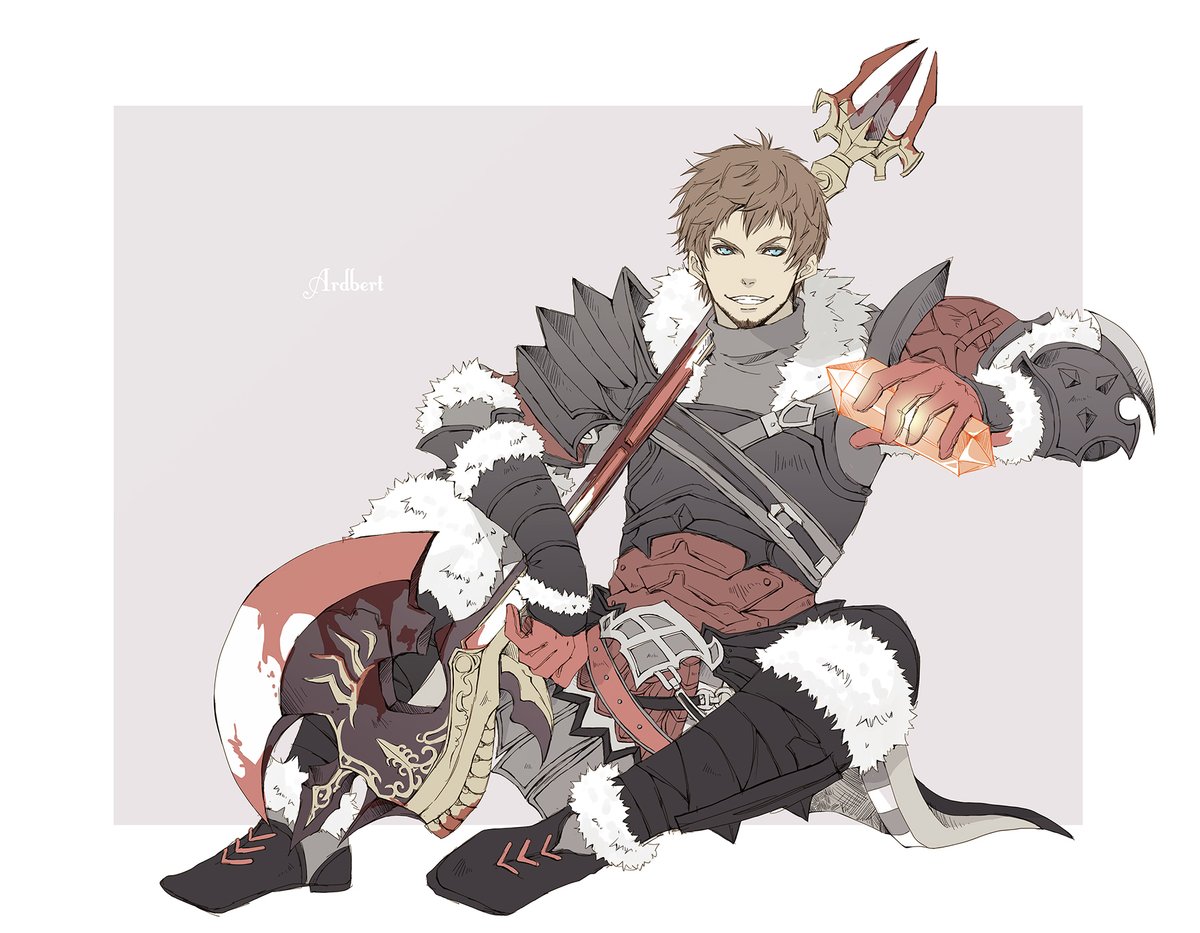 1boy male focus brown hair solo axe weapon armor  illustration images