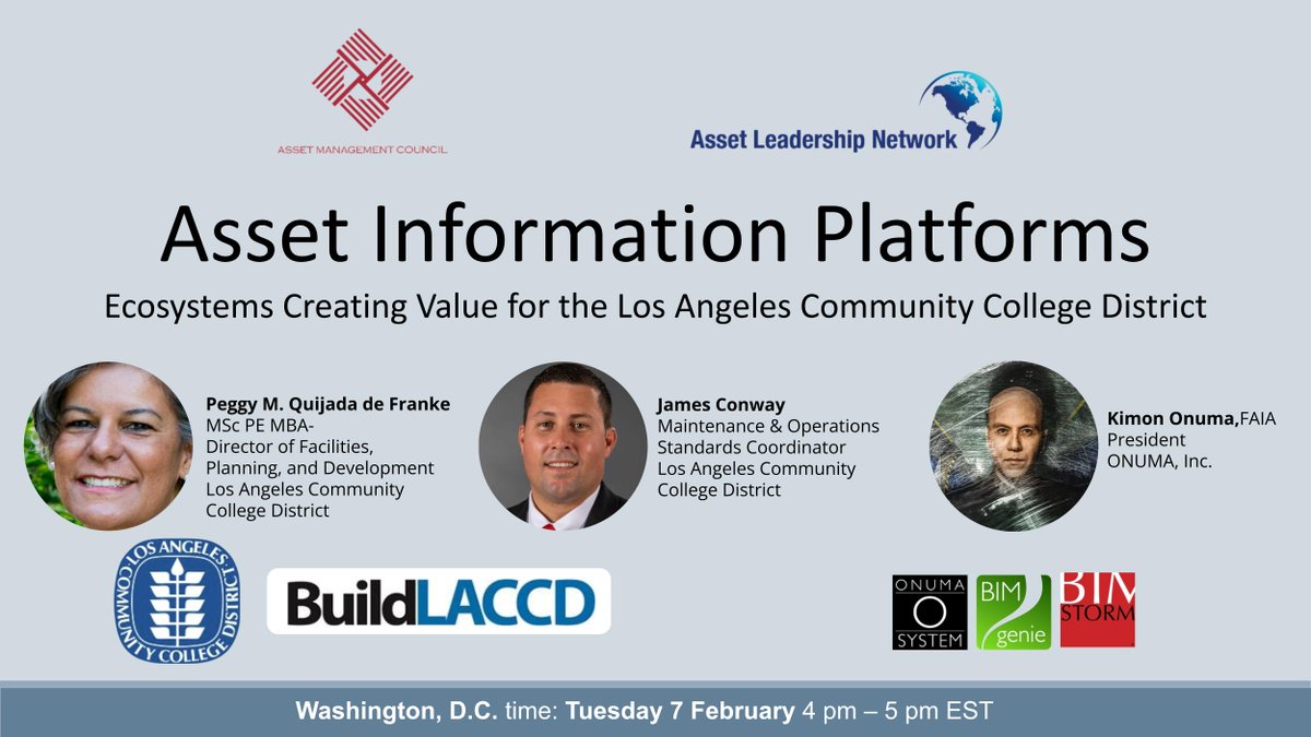 Presenting tomorrow Feb. 7, with the Los Angeles Community College District / BuildLACCD on Asset Information Platforms.

Join here: assetleadership.net/managing-data-…