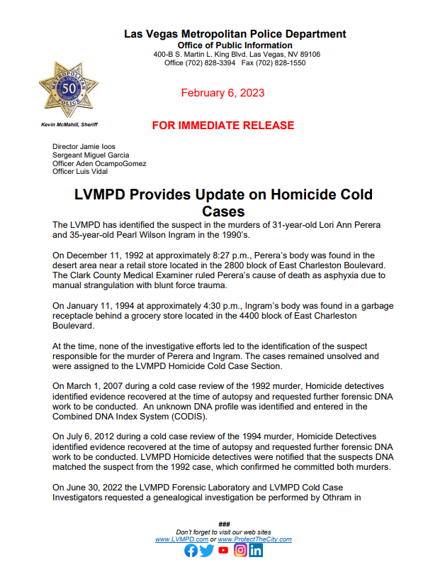 LVMPD's tweet photo. Eddie George Snowden Jr. was identified as the suspect in two homicide cold cases from the 1990's.

Thanks to the partnership with the Vegas Justice League and Othram, LVMPD Cold Case investigators were able to provide some closure to the family of both victims. https://t.co/S1k1Nkr6NJ