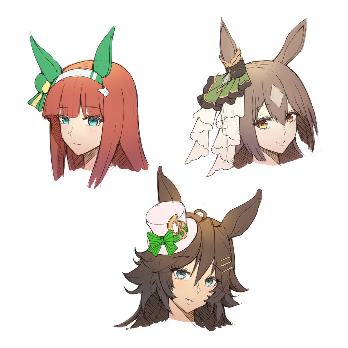 silence suzuka (umamusume) multiple girls 3girls animal ears horse ears brown hair long hair smile  illustration images