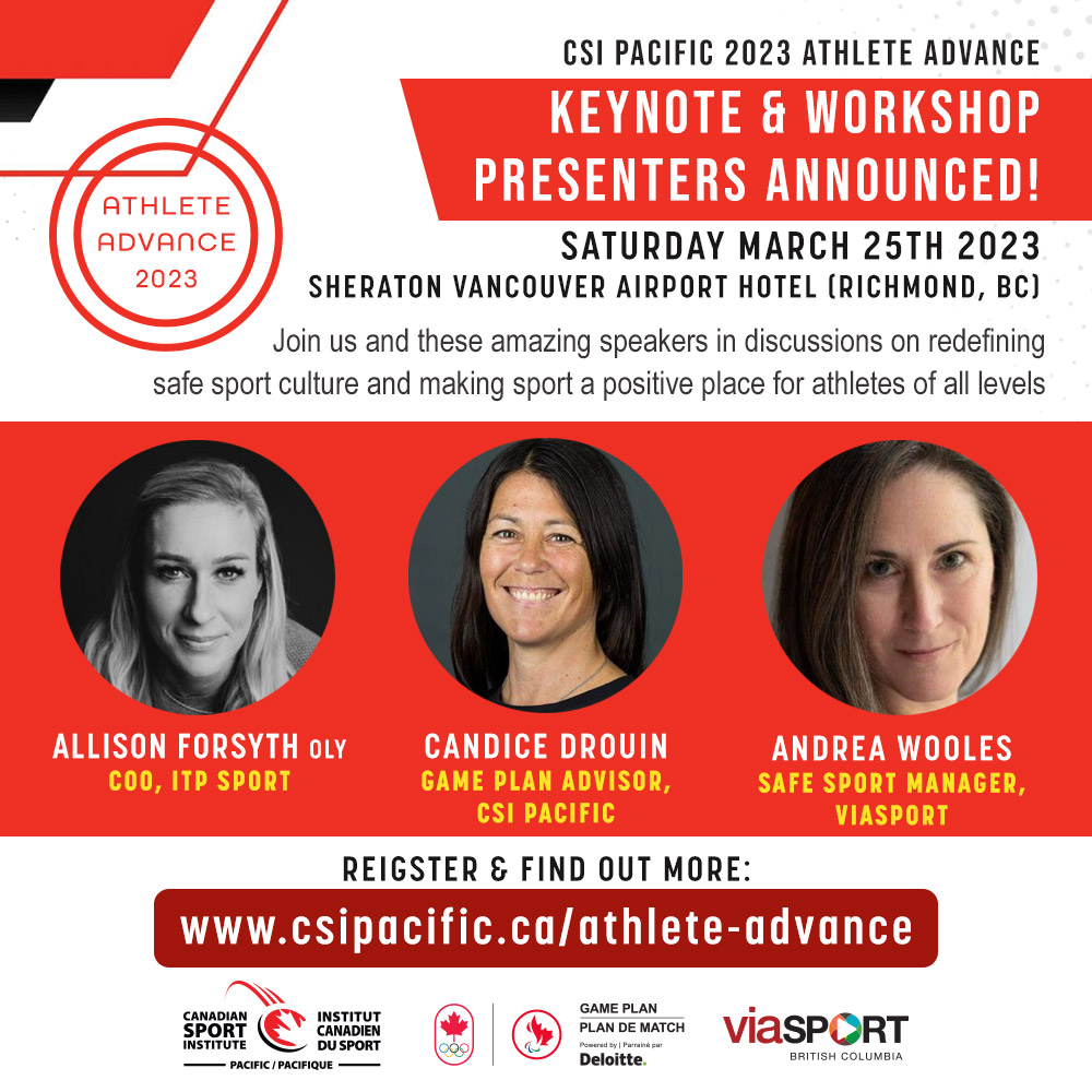 📢 Keynote Speaker and Workshop Leaders have been announced for our #AthleteAdvance2023

Join us at this event for their incredible discussion on safe sport culture and making sport a positive place for all athletes

#safesport #athleteadvance

csipacific.ca/athlete-advance