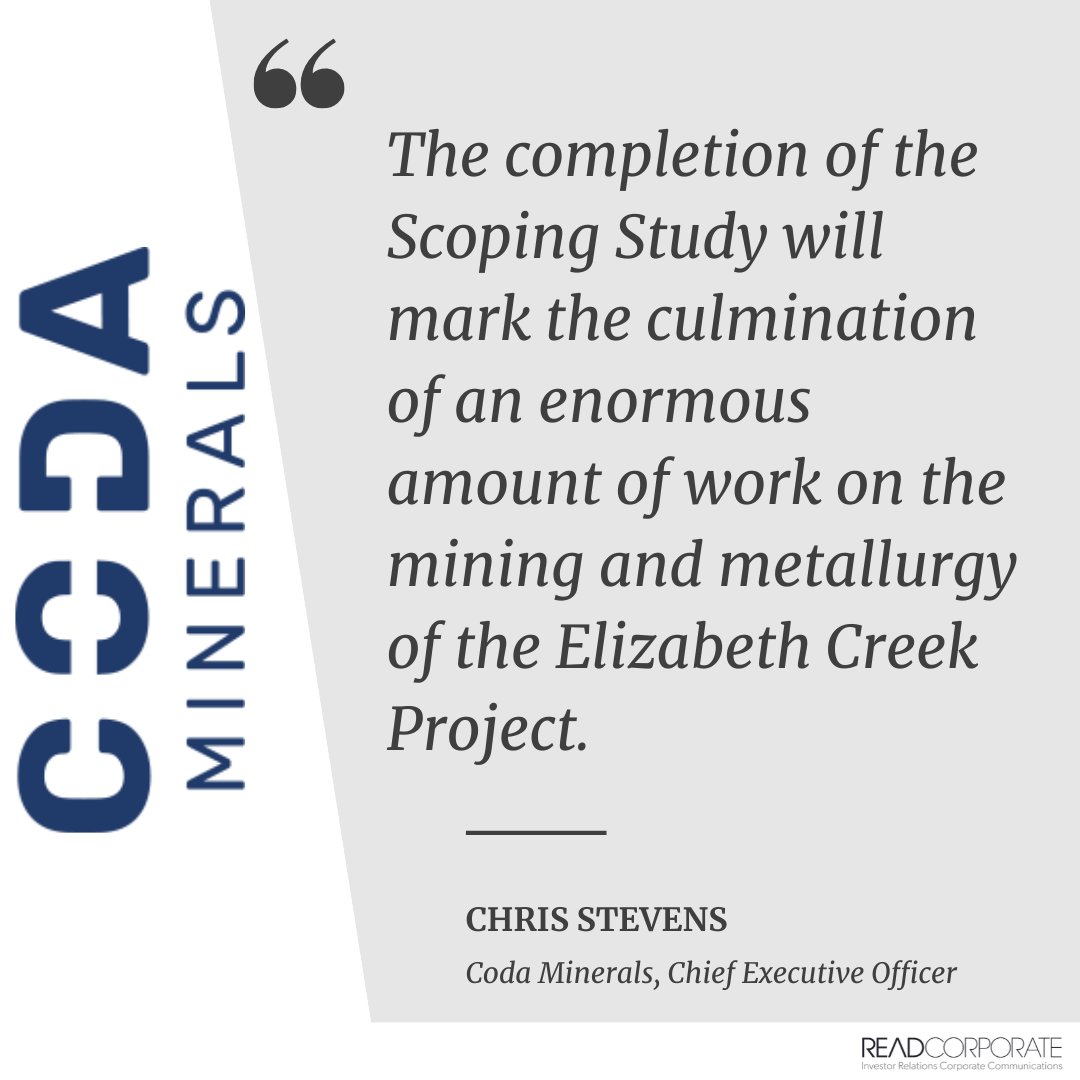 RR_Stars's tweet image. @CodaMinerals advises that the Elizabeth Creek Scoping Study is nearing completion, with final process work underway.

ow.ly/3e2h50MLj8g

#COD #ElizabethCreek #ScopingStudy #copper #cobalt #investors #ASXNews