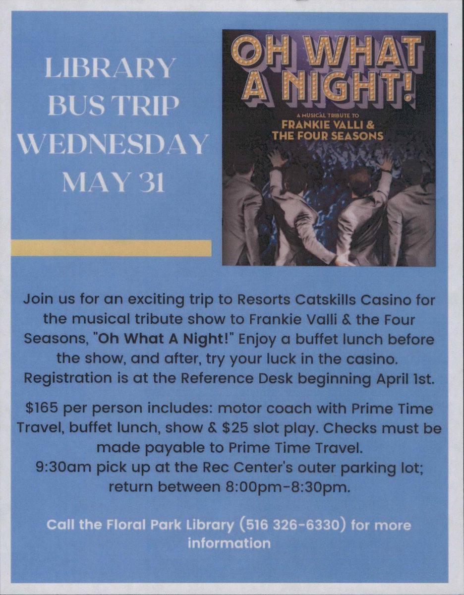 FPLibrary17's tweet image. The Floral Park Library is about to offer this exciting bus trip to our patrons, if you&apos;re interested, please call us at 516-326-6330 ext. 105 for more details. Registration starts April 1st.
#ohwhatanight #librarybustrip