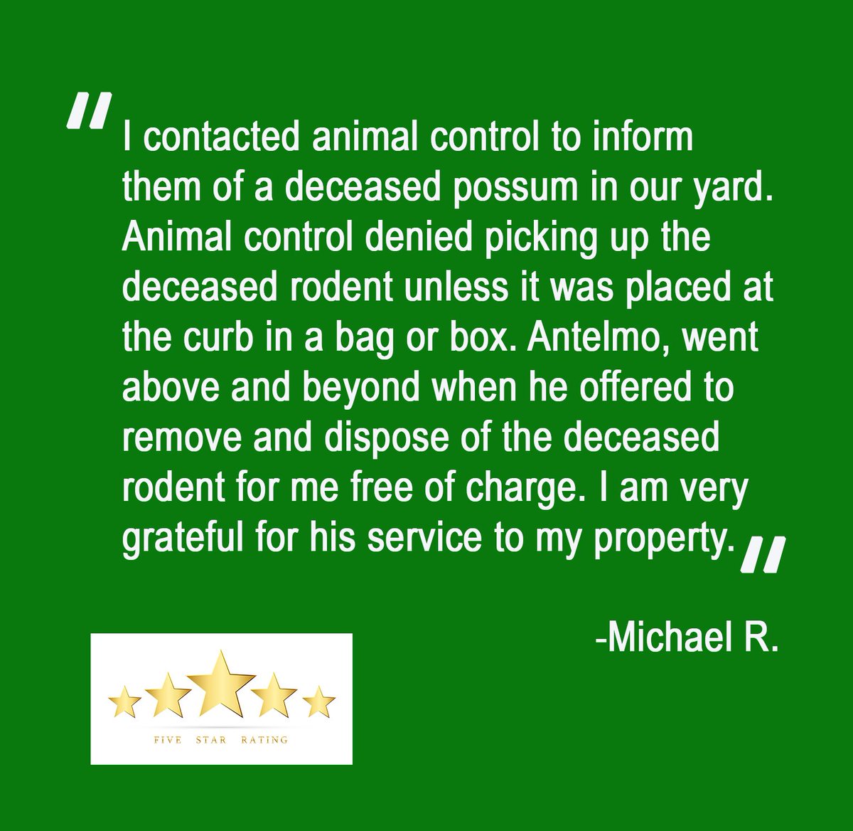 VersaTechPM's tweet image. At Versa-Tech®, we always make an effort to go above and beyond for our clients and to earn their business. We are so appreciative to have loyal clients like Michael R. 🫶 

#humaneanimalremoval #animalrelocation #pestcontrol #pestcontrolservice #crittercontrol #wildliferemoval