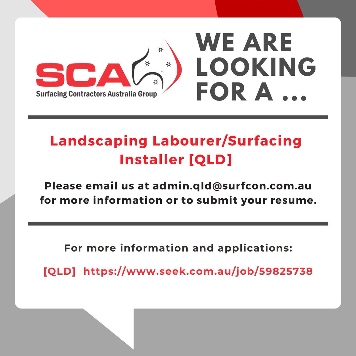 Our QLD team is looking for Landscape Labourers/Surfacing Installers.
Follow the below link for more info:
seek.com.au/job/59825738
If you would like to submit your resume, contact us via the below email:
admin.qld@surfcon.com.au
 #brisbane #jobsinbrisbane #brisbanejobs
