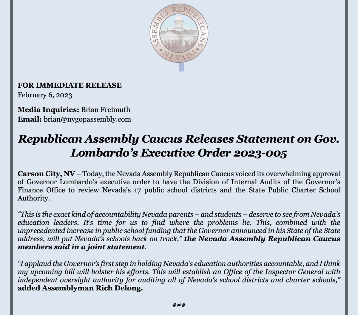 NVGOPAssembly's tweet photo. Our Statement on @JosephMLombardo ‘s executive order today, with a bill preview from @Delong4NV. https://t.co/wcEPbAK0Wx