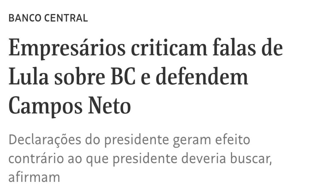 “Lula tem que parar de falar mal do BC. O Roberto Campos Neto faz no banco um trabalho puramente técnico, idêntico ao que faziam Paulo Guedes na Fazenda, o Pazuello na Saúde e o Ricardo Salles no Meio Ambiente”, reclamou o empresário Kerocheque Nakonta, dono da D Predando