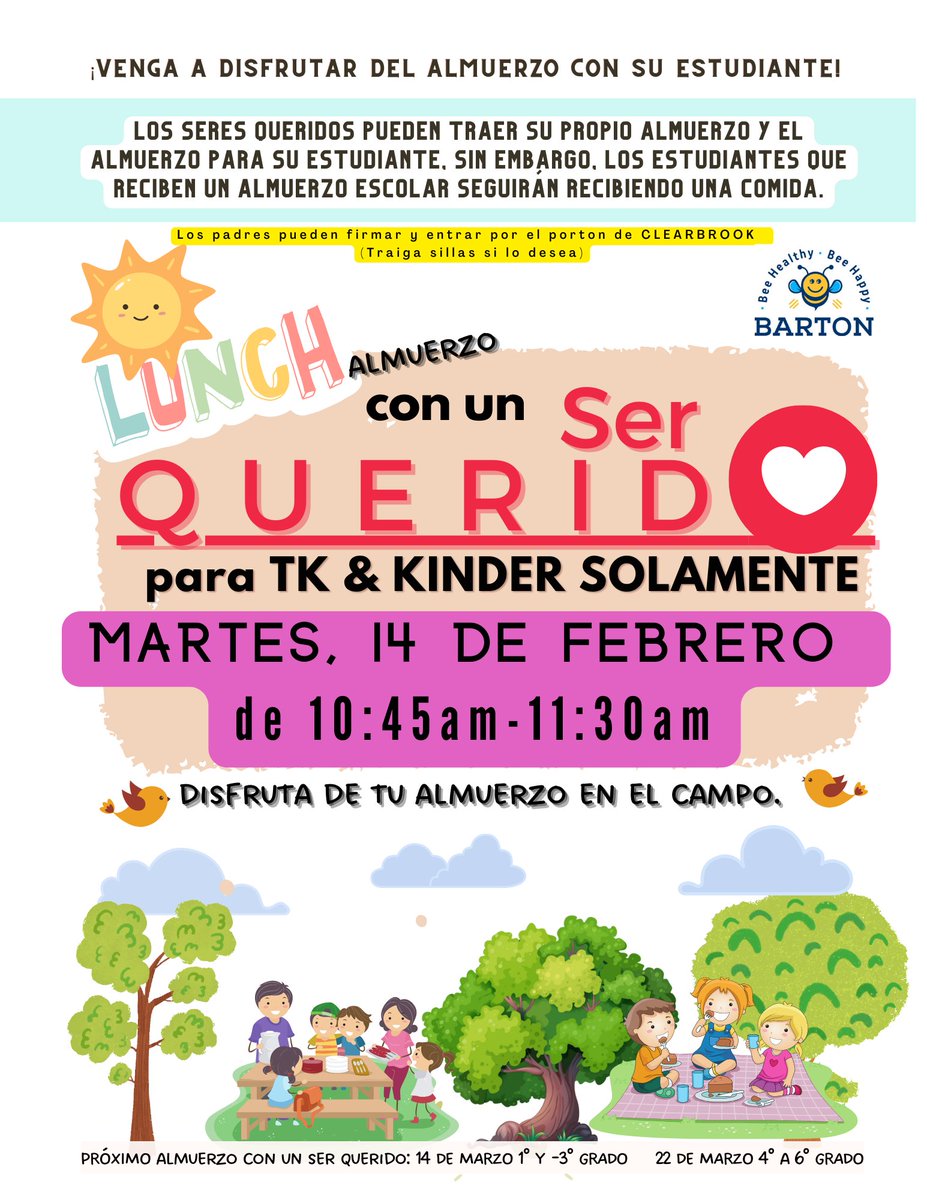 TK and Kinder families, SAVE THE DATE!
TUESDAY,  February 14th is Lunch with a Loved one! Looking forward to seeing you there.

¡Familias de TK y Kinder, RESERVEN LA FECHA!
¡El MARTES 14 de febrero es el almuerzo con un ser querido! Esperamos que nos acompanen.
