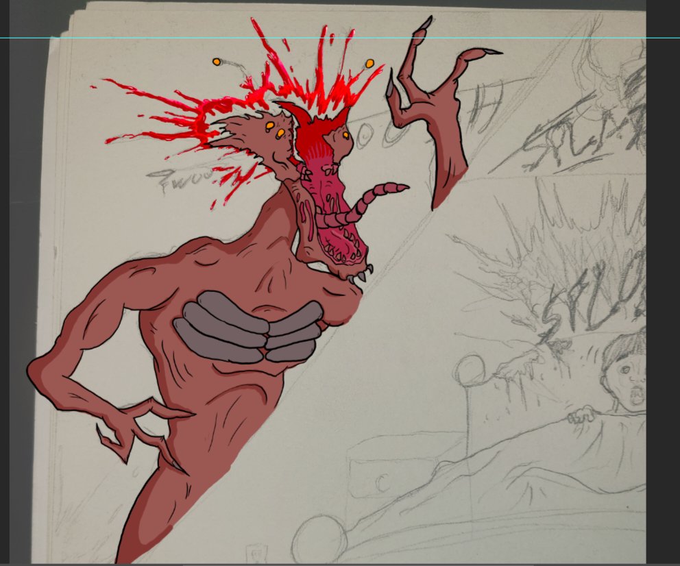 ZombieWichita's tweet photo. Here is an update on the panel I'm working on in my comic The Brutal Exorcist. Kinda going slow cause I'm joining the military so it'll take a sec to get it all done but I just want to make sure none of it is rushed. Also hi I'm not dead! https://t.co/Czfn0tlEWJ