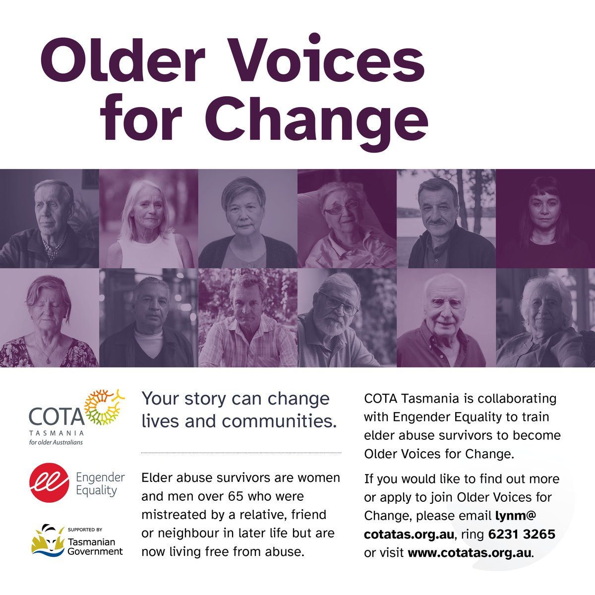 EngenderEquality (@engenderequal) on Twitter photo We are excited to be collaborating with COTA Tas in their establishment of an Older Voices for Change advocates group.
If you would like to find out more or apply to join Older Voices for Change, please email lynm@cotatas.org.au, ring 6231 3265 or visit cotatas.org.au We are excited to be collaborating with COTA Tas in their establishment of an Older Voices for Change advocates group.
If you would like to find out more or apply to join Older Voices for Change, please email lynm@cotatas.org.au, ring 6231 3265 or visit cotatas.org.au