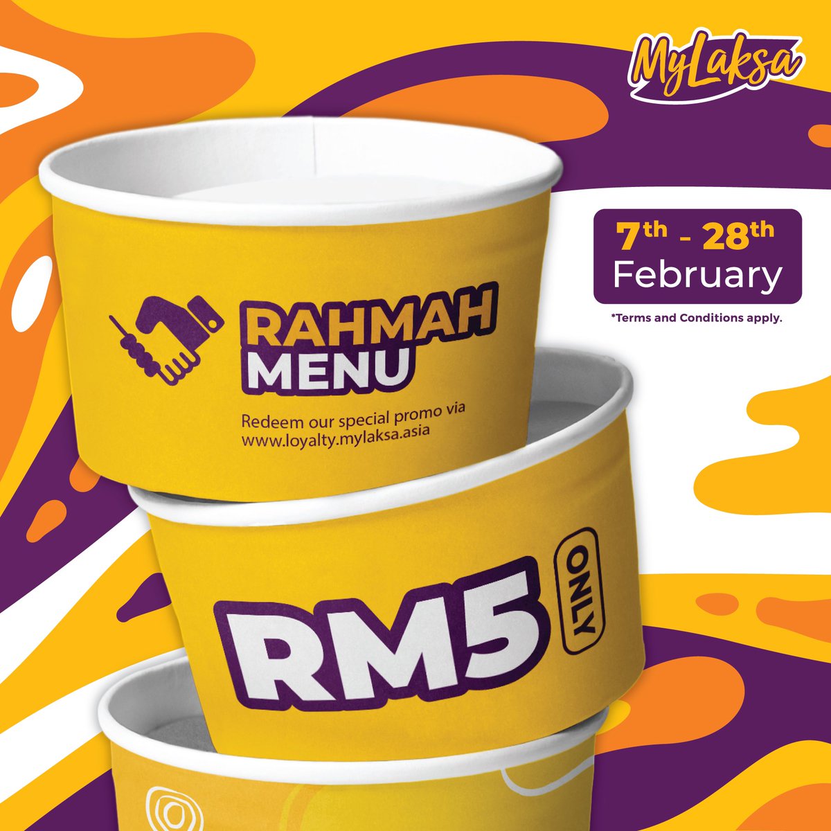 mylaksamy's tweet image. Satisfy your cravings with our “RAHMAH MENU” for only RM5!!

Join MyLaksa Makan Club platform via loyalty.mylaksa.asia to redeem this irresistible promo.
💛💜

Promo Date : 7th February - 28th February. *T&amp;amp;Capply

#MyLaksa #TasteOfUnity #Malaysia #menuRAHMAH #rahmah