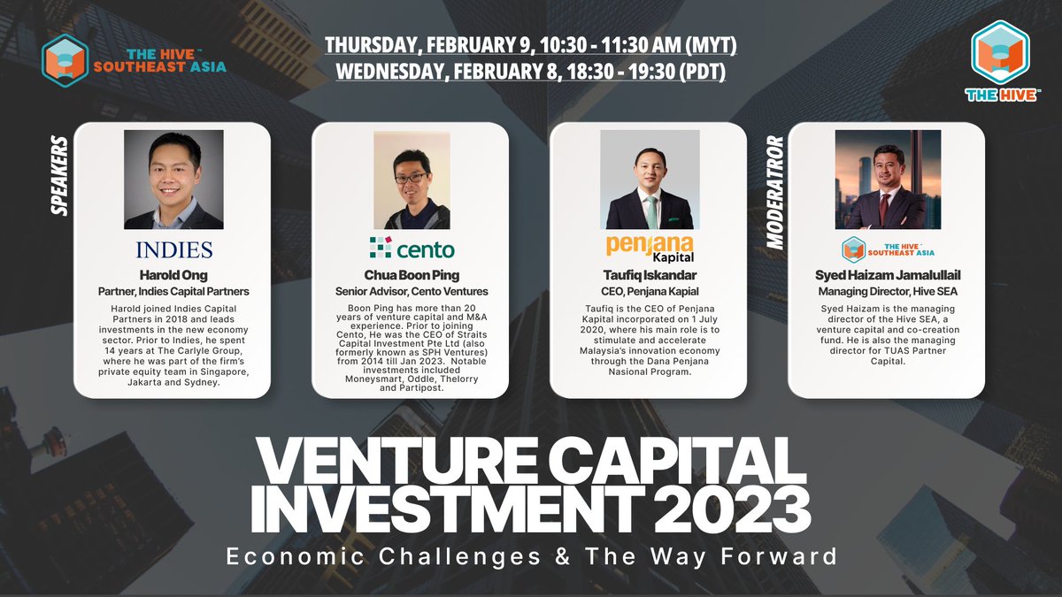 HiveDataSEA's tweet image. Are you ready for fundraising or venture investment in 2023? 

Tune in to our Think Tank Webinar to see what @CentoVentures, @IndiesCapitalPartners, @PenjanaKapital,and @HiveDataSEA have to say about economic challenges and the way forward.

Register: bit.ly/3kJmgkI