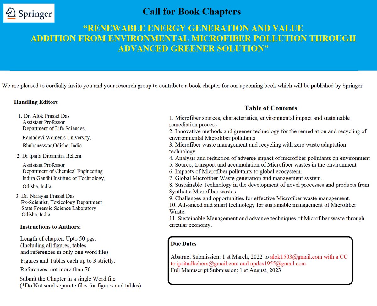 Alok33429004's tweet photo. Book chapter invitation #Springer #Scopusindexed #Microfiberpollution #RenewableEnergy #Greenersolution
For submission details e-mail: alok1503@gmail.com https://t.co/cGO3KNllDC