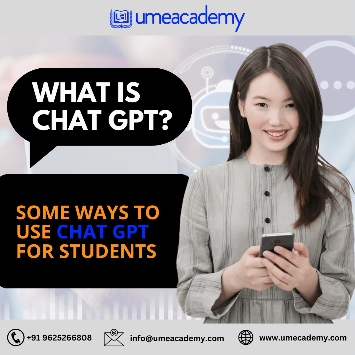 Ume_Academy's tweet image. Chat GPT Artificial Intelligence is now ruling the internet and tends to help school and college candidates. 
Click here:- umeacademy.com 
#ChatGPT #whatischatgpt #usechatgptforstudent #NimritKaurAhluwalia  #decissionrightcareerbright #AdaniScam2023
#umeaacademy