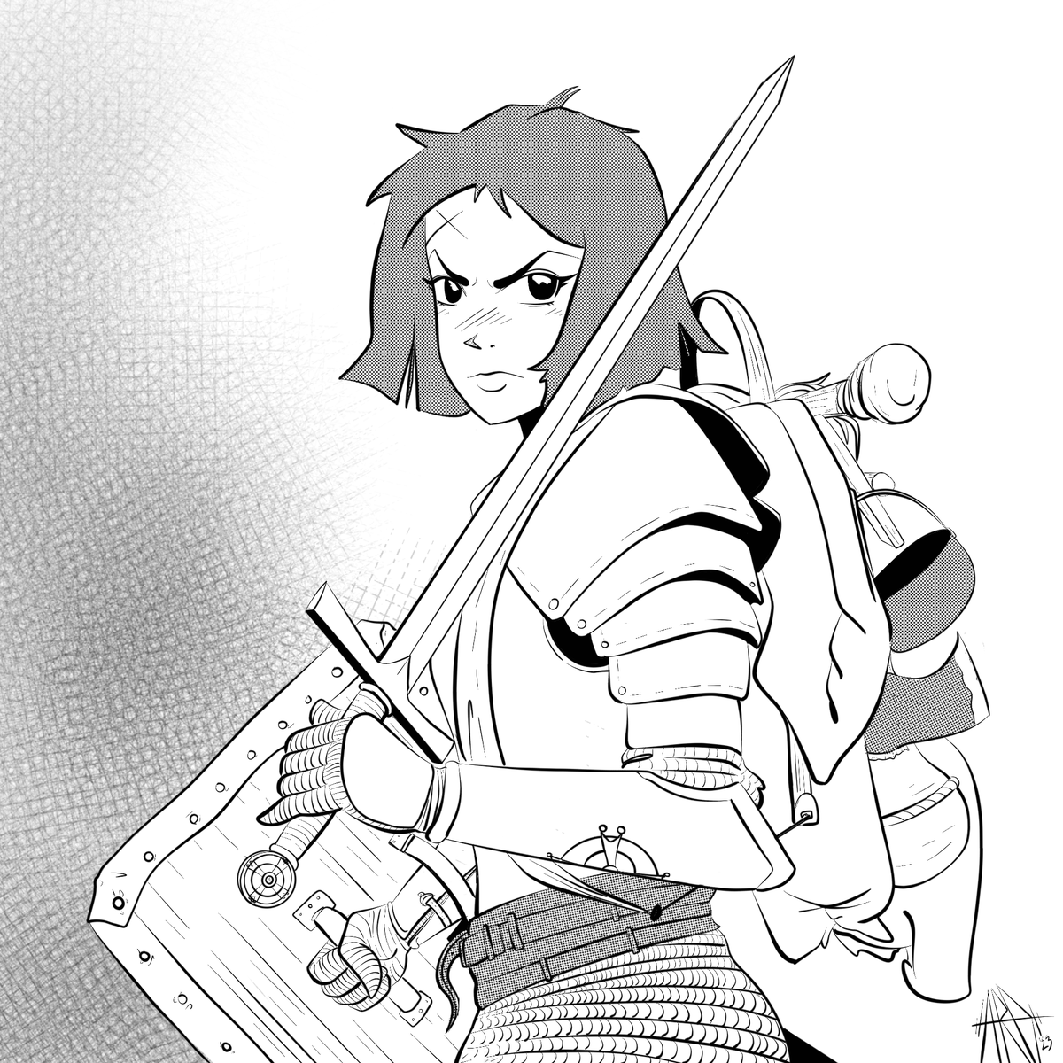 Some more #dungeonsanddragons #characterportraits for more #drawingpractice. #fantasyart This time a left handed, new #paladin of #StCuthbert #dungeonsanddragonsart #characterportrait #illustration #mangaart #procreate #screentones #retroanime