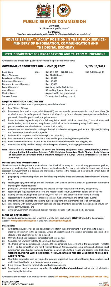 PSCKenya's tweet photo. !!!! Job Alert !!!!!

Declaration of Vacant Position in the Public Service - Government Spokesperson (1) Post.

#IkoKaziKE https://t.co/LZDIFvBUCm
