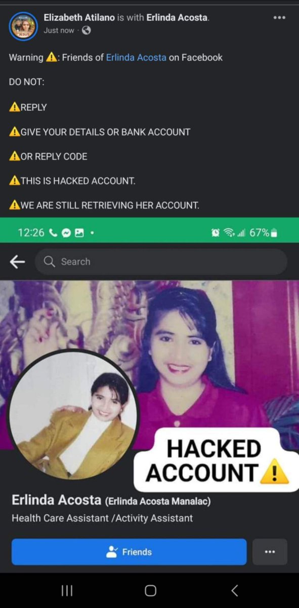 sabethmanalac's tweet photo. @facebook hasn't put down this hacked account. 
Slow action. Some of us have reported this account. This hacker continuously scams people. https://t.co/3oIJp6DJeG