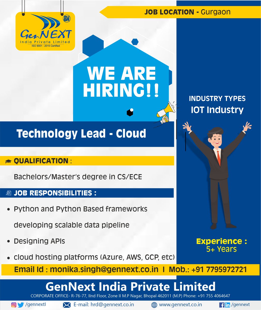 #urgent_hirings
Job Title: Technology Lead - Cloud

#technologylead #cloud #gurgaon #ece #iot #aws #gcp #experience #hiringalert #hiringnow #employment #job #work #jobalerts #vacancyjob #gennext #gennexthiring #gennextjob #gennextindia