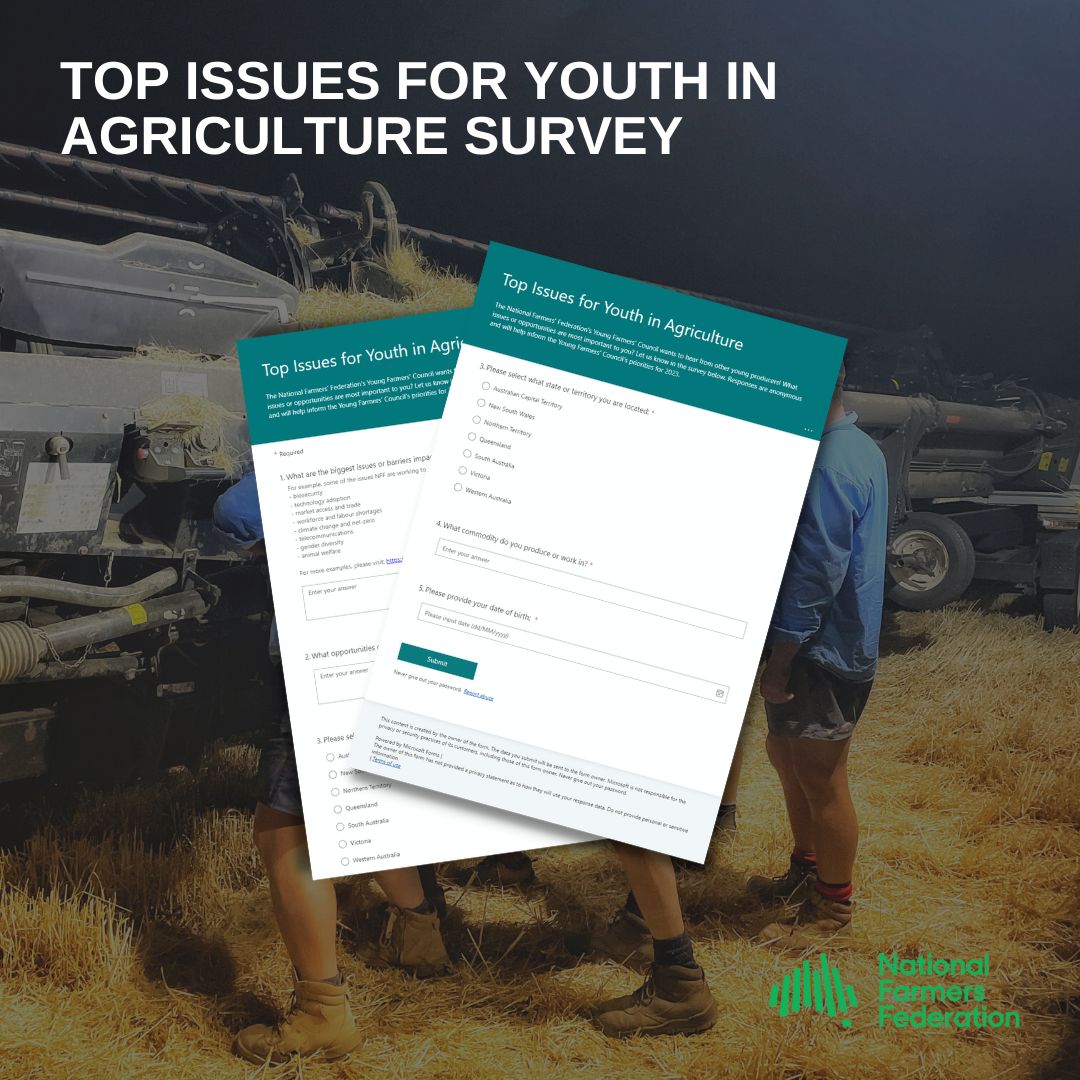 The <a href="/NationalFarmers/">National Farmers' Federation</a> Young Farmers' Council wants to hear from other young producers! 

Help the Young Farmers' Council set their priorities for 2023 and let them know what issues are impacting you in the paddock.

Take the survey: bit.ly/3JLg46r