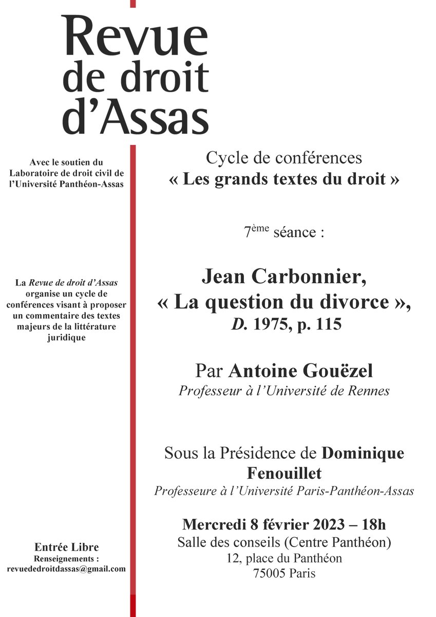 [Conférences] Rendez-vous demain pour une nouvelle conférence du cycle "Les grands textes du droit" organisé par la Revue de droit d'Assas avec le soutien du <a href="/LaboCiv_Paris2/">Laboratoire de droit civil - Univ. Paris 2</a> ! 

Venez nombreux !