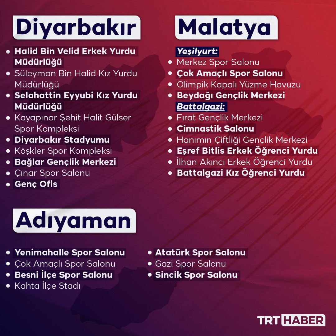 🔺Depremzedelerimizin kullanımına açılan 10 ildeki tesis ve salonlar.

<a href="/tcmeb/">Millî Eğitim Bakanlığı</a> <a href="/zuleyhaaldogan/">Züleyha Aldoğan</a>