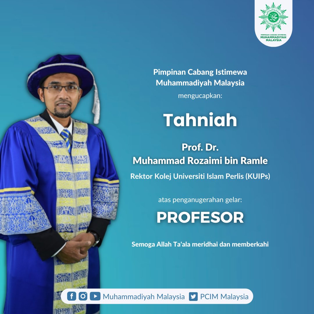 Pimpinan Cabang Istimewa Muhammadiyah Malaysia mengucapkan Tahniah kepada Prof. Dr. Muhammad Rozaimi bin Ramle, Rektor Kolej Universiti Islam Perlis (KUIPs) atas penganugerahan gelar Profesor

Semoga Allah ta'ala meridhai dan memberkahi