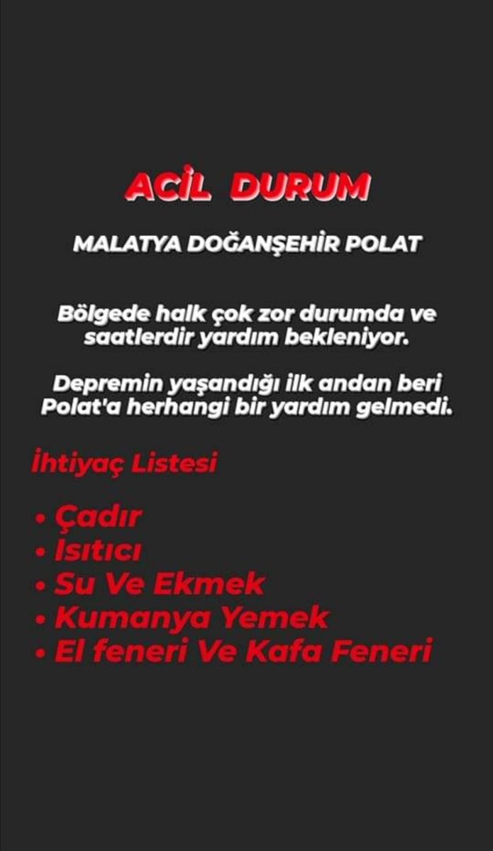 ErdemTuzun44's tweet photo. Malatya Doğanşehir ilçesine bağlı Polat beldesinin evlerinin %90'nın yok olduğu ve herhangi bir yardım gitmediği belirtiliyor. Acil bir şekilde gıda ve battaniye yardımı bekleniyor. @OguzhanUgur @haluklevent @AFADBaskanlik https://t.co/FNApyX7HHJ