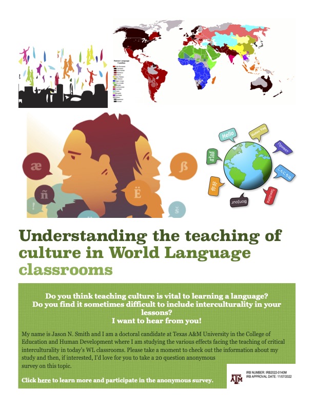 Take advantage of this opportunity to inform practice & research HS #languageteachers & #languageeducators! It's anon, only takes 20m & asks about #teaching #culture #interculturality. #langchat #frenchteachers #spanishteachers #worldlanguage
tamucehd.qualtrics.com/jfe/form/SV_6h…