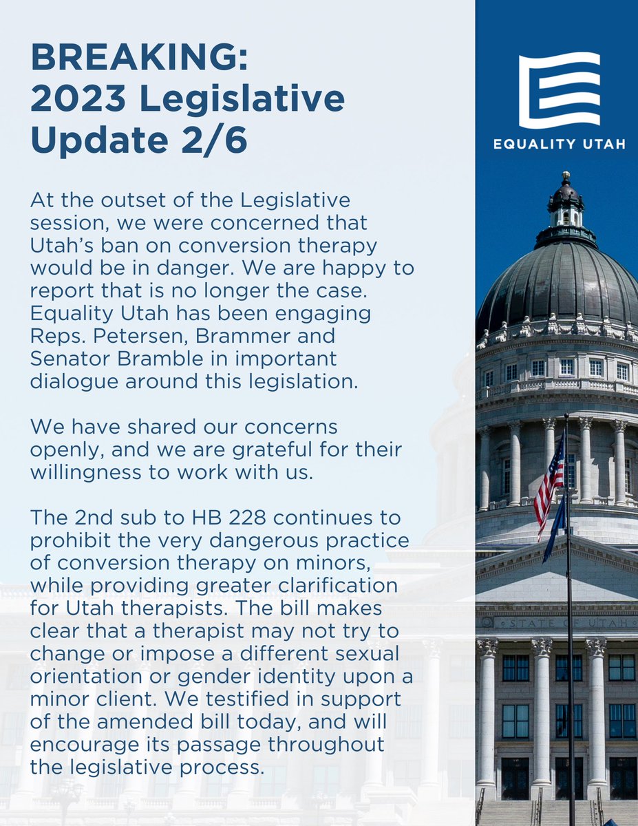 🚨BREAKING: Conversion therapy will remain illegal in Utah with HB 228. #EqualityUtah #utpol #utleg #lgbtq #conversiontherapy