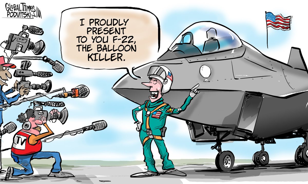 zhang_heqing's tweet photo. F-22, aka the "balloon killer", is the only fighter in the world to have defeated a weather balloon. Cartoon: Vitaly Podvitski https://t.co/t0BXkNK8uh