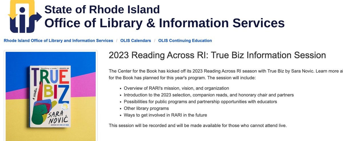 Calling all Librarians! Join our Reading Across RI Chairs this Wednesday to find out about the 2023 program and how your library can participate. Register here: olis-ri.libcal.com/event/9948488
<a href="/olisri/">RI Office of Library & Information Services</a> <a href="/rilibraries/">RILA</a> <a href="/RILINK/">RILINK</a>