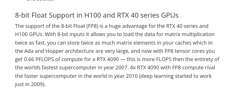 nearcyan's tweet photo. a single RTX 4090 with FP8 is more FLOPs than the world's faster supercomputer from 2007

source: 
https://t.co/cr6d7ZmGi1 https://t.co/LJGdnaPzaL