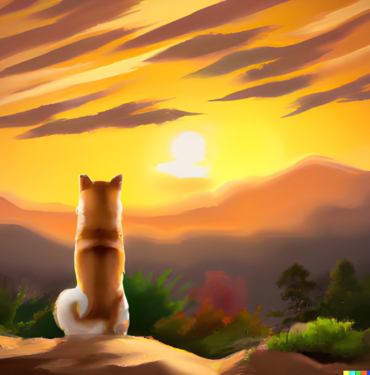 akaLuden's tweet photo. Give me an #AI idea in the comments and I’ll try my best to make an ai art of it 
Here’s an example: a #DOGE sitting on a hill watching a sunset https://t.co/Ub94OMLZqh
