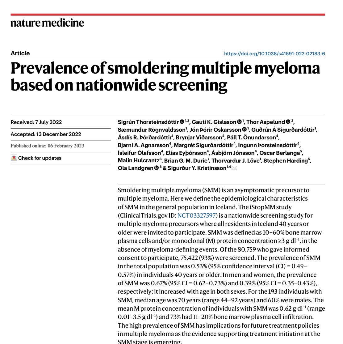 Samer Al Hadidi, MD,MS,FACP (@hadidisamer) on Twitter photo Important paper <a href="/iStopMM/">iStopMM</a> #mmsm <a href="/NatureMedicine/">Nature Medicine</a> <a href="/SigrunThorstei1/">Sigrun Thorsteinsdottir</a> <a href="/sykristinsson/">Sigurdur Kristinsson</a>
Prevalence of smoldering multiple myeloma based on nationwide screening
➡️rdcu.be/c42lb
Congratulations for all authors for publication , few thoughts/observations 🧵 Important paper <a href="/iStopMM/">iStopMM</a> #mmsm <a href="/NatureMedicine/">Nature Medicine</a> <a href="/SigrunThorstei1/">Sigrun Thorsteinsdottir</a> <a href="/sykristinsson/">Sigurdur Kristinsson</a>
Prevalence of smoldering multiple myeloma based on nationwide screening
➡️rdcu.be/c42lb
Congratulations for all authors for publication , few thoughts/observations 🧵