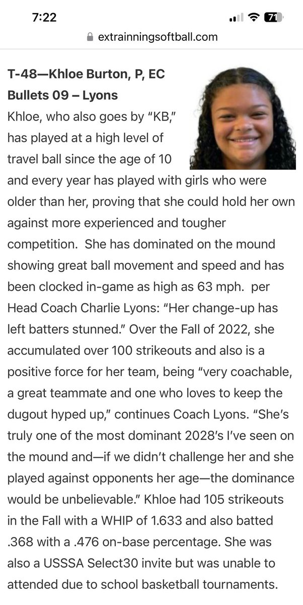 khloeburton20's tweet photo. Thank you @ExtraInningSB for recognizing my hard work and ranking me the 48 top recruits in the Class of 2028 in the Nation. Thank you to my coaches and teammates for pushing me to be the best player I can be. Thank you to my parents and everyone who supports me! 🧡💙 #grateful https://t.co/jDVw5QqvIW
