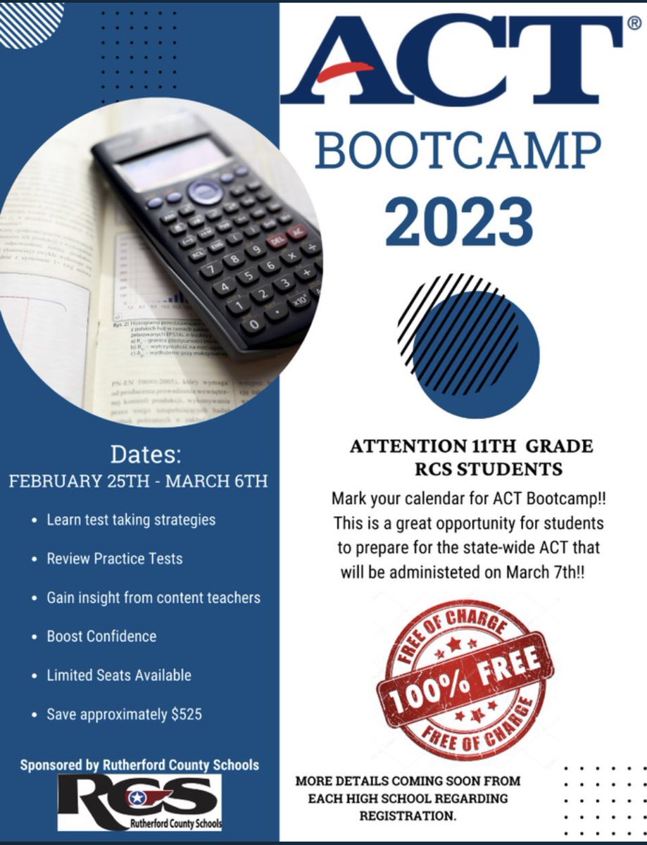 JUNIORS: check your email! Registration is open for FREE ACT bootcamp at SHS. Dates & times posted below. Information can also be found on our website (SHS.rcschools.net) #onlyoneSHS #ACTingup