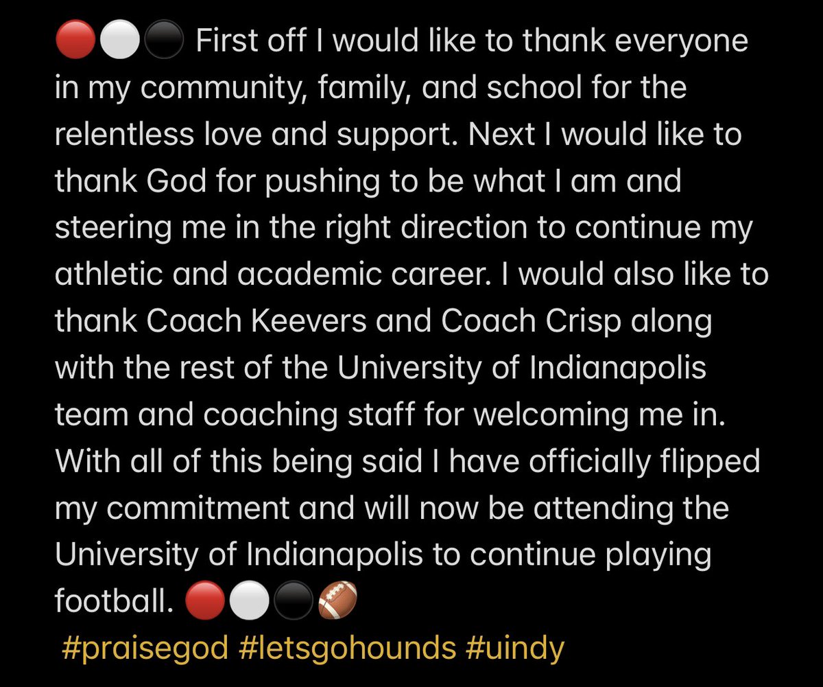 chasejones129's tweet photo. Blessed to announce my flip to the University of Indianapolis #gohounds 🔴⚪️⚫️🏈 https://t.co/m0i6LOm7oX