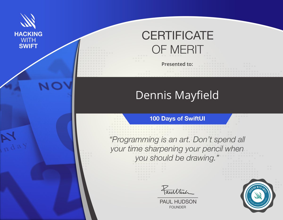 DeeJMayfield's tweet photo. Day One Hundred of #100DaysOfSwiftUI completed!! Thank you @twostraws for creating this amazing, free resource! Thanks @BronsonMullens for being a great mentor and introducing me to Hacking With Swift! #iosdev https://t.co/DiN1jeQOMn