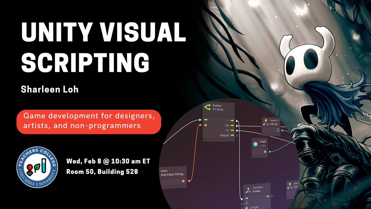 Games Research Lab (@tc_gameslab) on Twitter photo Workshop at the GRL: Visual Scripting: Game Dev for Designers, Artists and Non-Programmers
Visual Scripting is a powerful tool for creating games and prototypes quickly and efficiently without traditional coding. <a href="/TeachersCollege/">Teachers College, Columbia University</a> students welcome! 10:30 am Wed <a href="/TC_MST/">Teachers College-MST</a> <a href="/TC_CMLTD/">CMLTDTeachersCollege</a> Workshop at the GRL: Visual Scripting: Game Dev for Designers, Artists and Non-Programmers
Visual Scripting is a powerful tool for creating games and prototypes quickly and efficiently without traditional coding. <a href="/TeachersCollege/">Teachers College, Columbia University</a> students welcome! 10:30 am Wed <a href="/TC_MST/">Teachers College-MST</a> <a href="/TC_CMLTD/">CMLTDTeachersCollege</a>