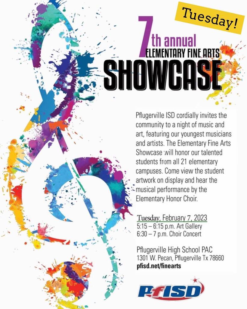 The <a href="/pfisdfinearts/">PfISD Fine Arts</a> Showcase is tomorrow!!   Tuesday, February 7th at the Pflugerville High School Performing Arts Center!  Come out and support our students and Mrs. Peeples and Mr. Saunders!!  🎉🎉 ift.tt/mOoB23y