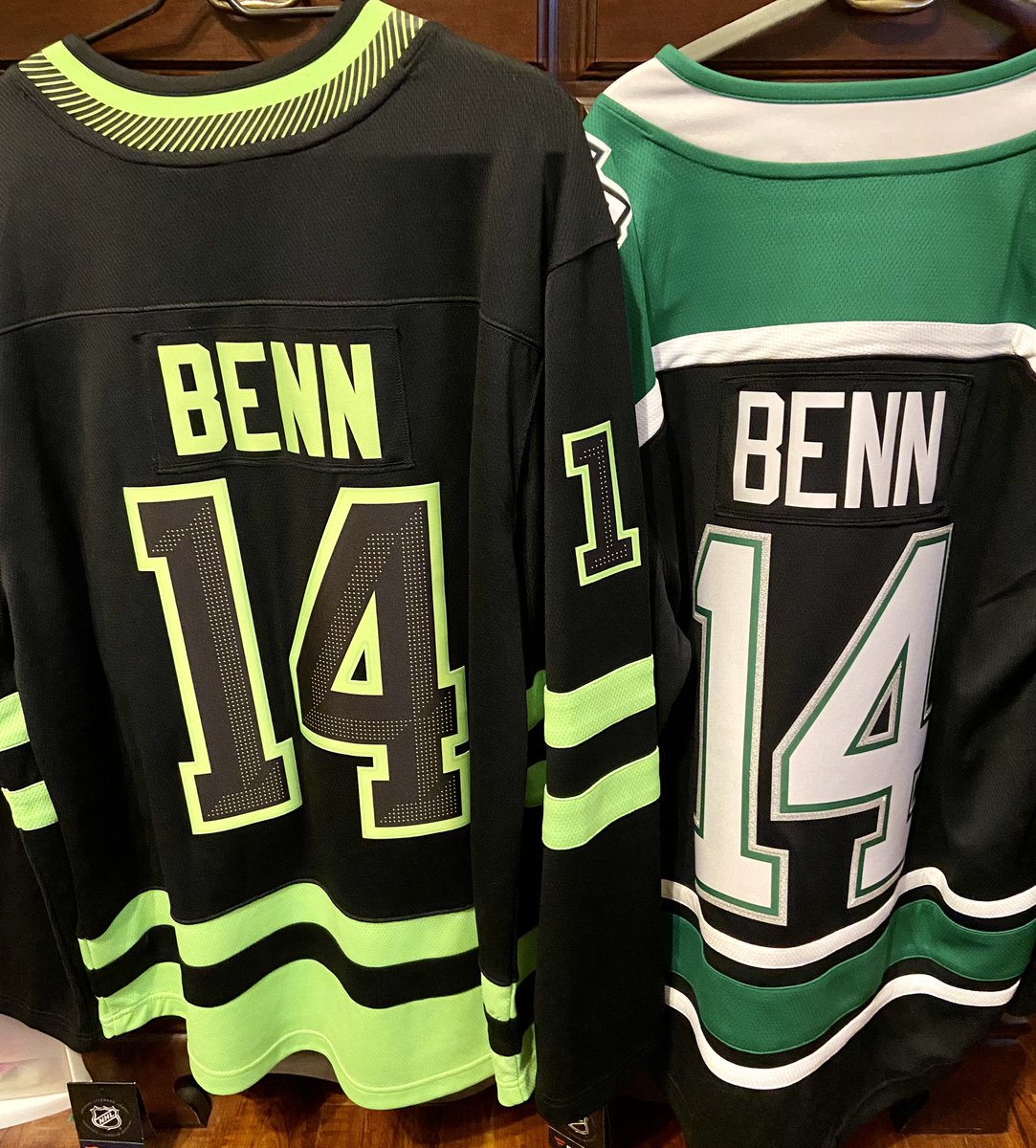 PetiteStarsFan's tweet photo. Haven’t been to a game in a while but I take my favorite jerseys out of the closet for each game. Tonight is a special night! Congratulations #jamiebenn #TexasHockey #1000thgame #gostars https://t.co/HYToS6sxBS