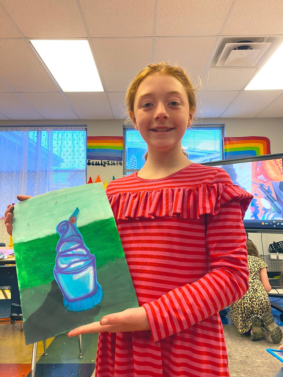 5th grade created their own frozen yogurt mixed-media pieces. Value is the lightness or darkness of colors. They created value with paint by mixing in white and black, and with chalk pastels for highlights and shadows. <a href="/aubrey_mes/">Monaco Elementary</a> #aubreyproud <a href="/aubreyisd/">Aubrey ISD</a> #inspiringhope
