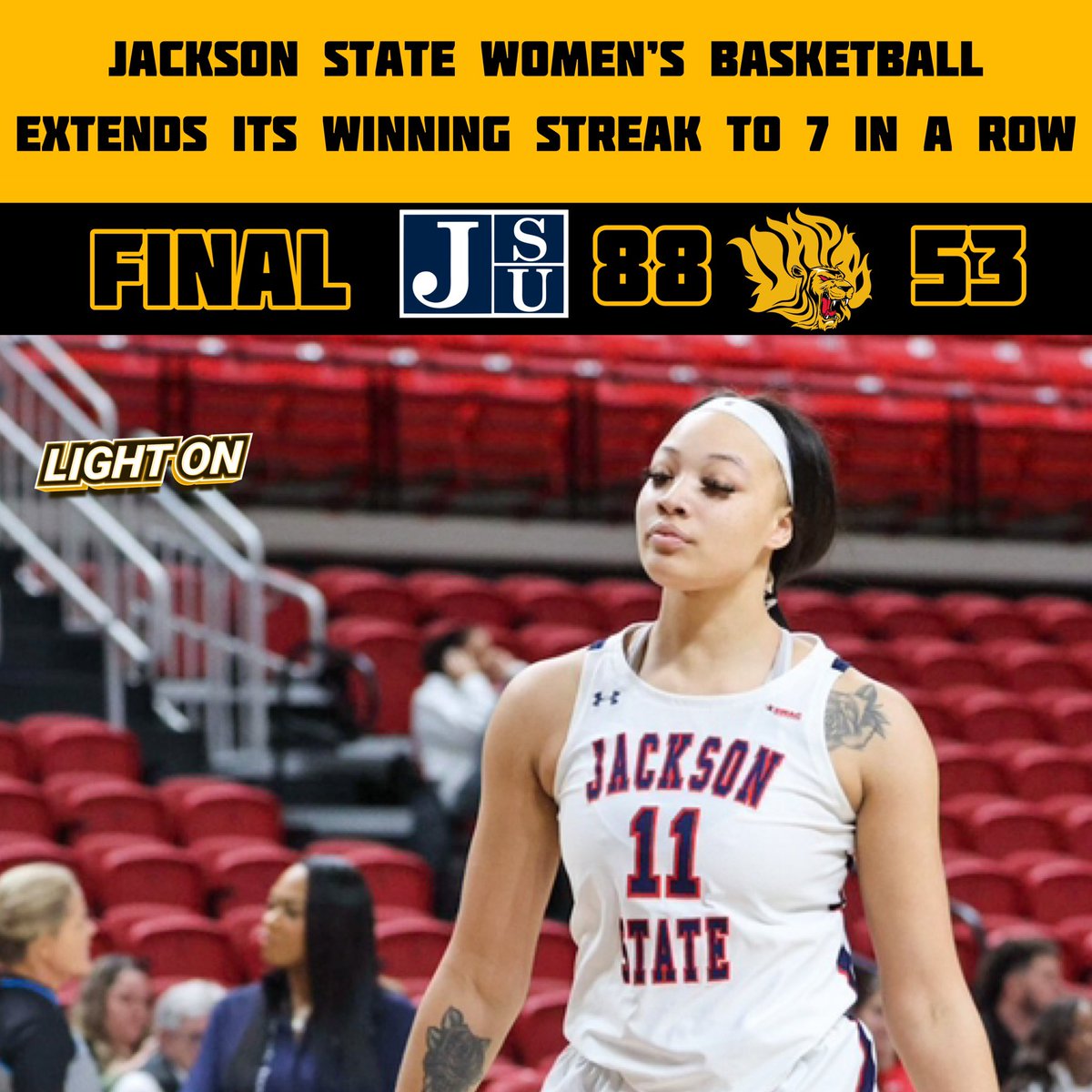 Jackson State Women’s Basketball Extends Its Winning Streak To 7 In A Row.

Final: Jackson State 88 UAPB 53

Daphane White: 16 Pts, 7/8 FG, 10 Reb

📸: <a href="/GoJSUTigersWBB/">Jackson State Women’s Basketball</a>