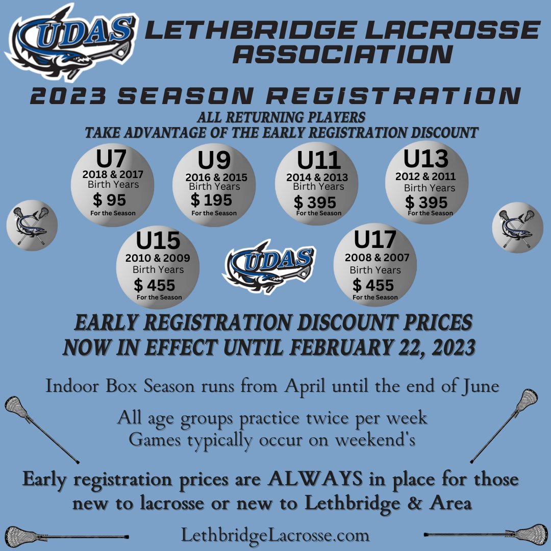 LethbridgeLax's tweet photo. Parents of #Lethbridge and area kids born in 2018 to 2007
Families of returning players, don't miss out on the early registration discount.
https://t.co/GfORcQM0Bq
These early registration prices end at midnight, February 21st, 2023
#yql #ablax #FastestGameOnTwoFeet https://t.co/8GiLYVJC8B